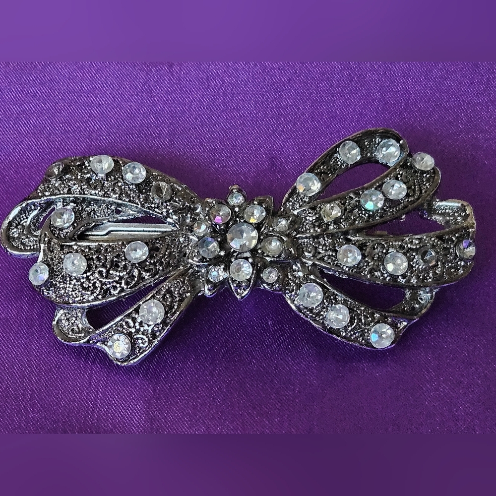 VTG Style Rhinestone Bow Hair Barrette French Spring Clip Fastening Mechanism 3"